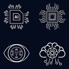 Set of 4 icons, symbols for AI concept vector, illustration design. Four artificial intelligent icons on dark background