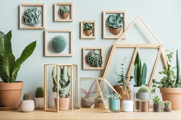 various succulents, cactus, and photo frames for home décor. Generative AI