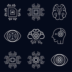 Set of 9 icons, symbols for AI concept vector, illustration design. Nine artificial intelligent icons on dark background
