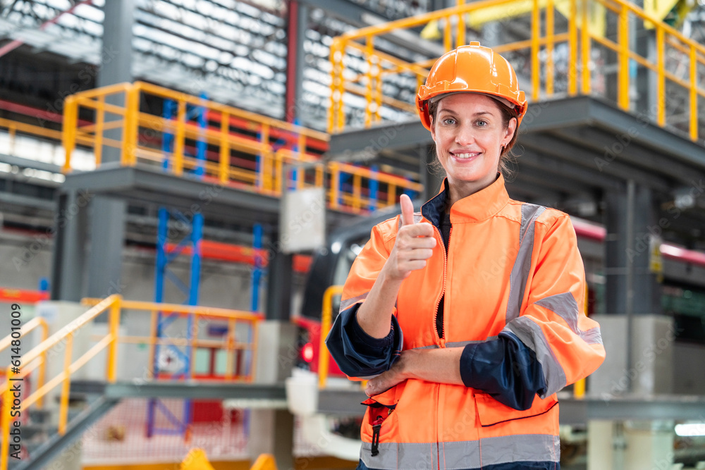 Wall mural caucasian female engineer in reflective jacket and safety helmet showing thumbs up and inspecting co