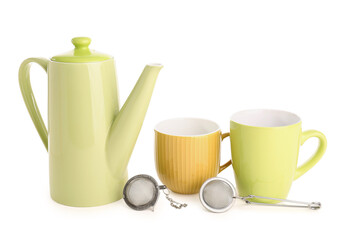 Teapot, mugs and infusers isolated on white background