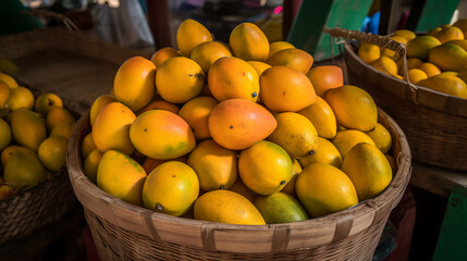 Naklejka na ściany i meble a display of vibrant mangoes showcased at a bustling fruit stand. The mangoes are ripe and luscious, exhibiting their rich golden or orange hues. Each mango is perfectly shaped