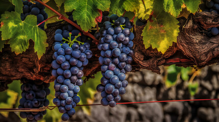 Fototapeta premium a cluster of grapes hangs gracefully on a vine. The grapes, still attached to the vine, showcase their rich colors