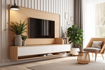 TV cabinet and storage space in a living room with a white wall. Generative AI - obrazy, fototapety, plakaty