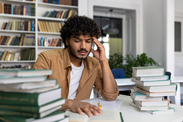 Thinking student preparing for exams inside academic library, man overworked and tired studying...