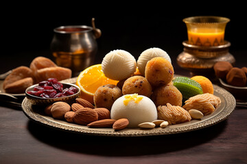 Indian sweets in a plate includes Gulab Jamun, Rasgulla, kaju katli, morichoor / Bundi Laddu, Gujiya or Karanji for diwali celebration.ai generative