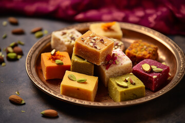 Mix Sweets in Dish, A large variety of Pakistani Mithai. ai generative