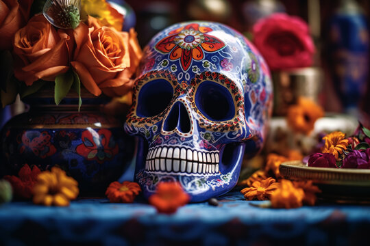Painted human skull for the Day of the Dead in Mexico (El Dia de Muertos, flowers on the table.ai generative