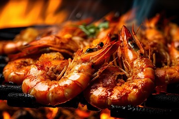 Shrimps cooked on barbecue over the hot coals and fire. Generative Ai image