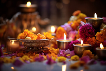 diya lamps are lit during the celebration of diwali with flowers in the background. ai generative