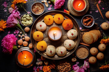 Indian festive Diwali background with sweets. Gulab jamun, carrot halva, snacks with candles, flowers. Assorted Indian desserts. Festive table. view from above. ai generative