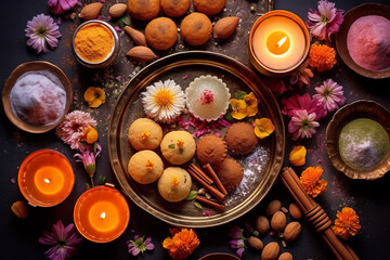 Obraz na płótnie Canvas Indian festive Diwali background with sweets. Gulab jamun, carrot halva, snacks with candles, flowers. Assorted Indian desserts. Festive table. view from above. ai generative