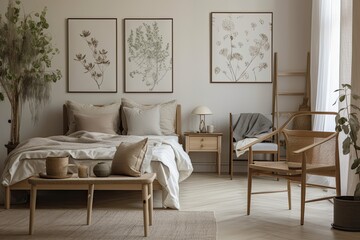 The Scandinavian Provence bedroom's interior. Pillows on the bed, a traditional armchair, a wooden table on a leg, and a vase of dried flowers. Generative AI
