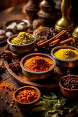 Various aromatic colorful spices and herbs. Ingredients for cooking..Ayurveda treatments.