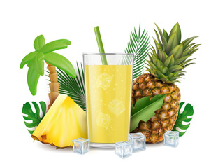 Realistic Detailed 3d Pineapple Fresh Juice Summertime Concept Background. Vector illustration of Fruit Summer Cocktail Drink