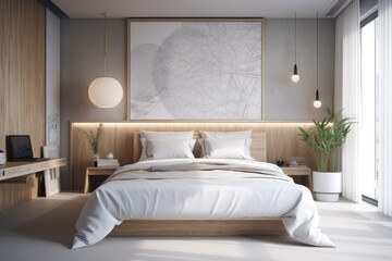The hotel's interior features a small bedroom with a background of decoration. Generative AI