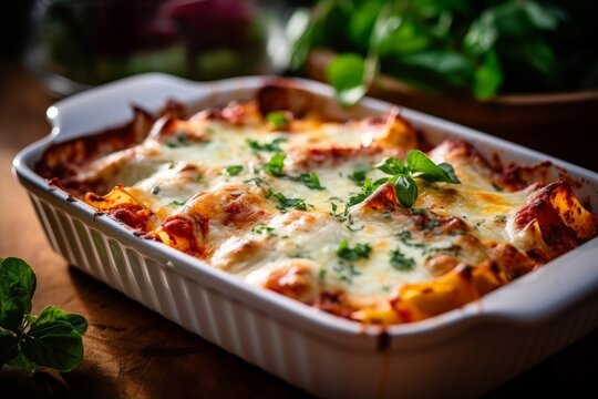 traditional lasagna served in a white casserole dish