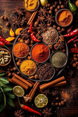 Fototapeta na wymiar Various aromatic colorful spices and herbs. Ingredients for cooking..Ayurveda treatments.