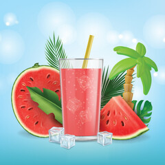 Realistic Detailed 3d Watermelon Fresh Juice Summertime Concept Background. Vector illustration of Fruit Summer Cocktail Drink