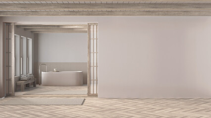 Fototapeta premium Minimal japandi bathroom in bleached wooden and white tones. Mockup with copy space. Freestanding bathtub, carpet, mosaic tiles and herringbone parquet. Modern interior design