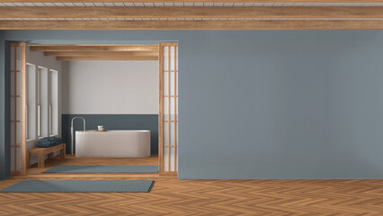 Minimal japandi bathroom in wooden and blue tones. Mockup with copy space. Freestanding bathtub, carpet, mosaic tiles and herringbone parquet. Modern interior design