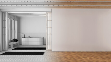 Architect interior designer concept: hand-drawn draft unfinished project that becomes real, minimal...