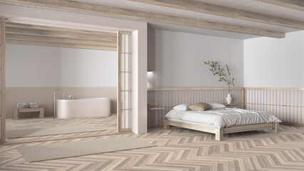 Minimal japandi bedroom and bathroom in bleached wooden and white tones. Double bed with pillows, freestanding bathtub and herringbone parquet floor. Modern interior design