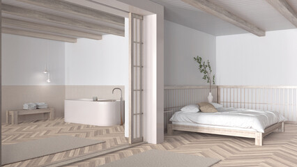 Minimal japandi bedroom and bathroom in bleached wooden and white tones. Double bed with pillows, freestanding bathtub and herringbone parquet floor. Modern interior design