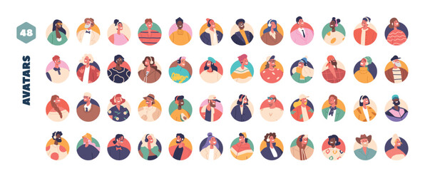 Diverse Collection Of Character Avatars Depicting Various Ethnicities, Genders, And Ages, Cartoon People Illustration
