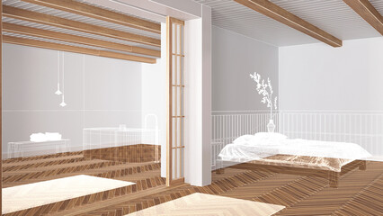 Empty white interior with parquet floor and beams ceiling, custom architecture design project, white ink sketch, blueprint showing minimal bedroom and bathroom