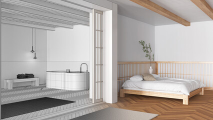 Architect interior designer concept: hand-drawn draft unfinished project that becomes real, minimal japandi bedroom and bathroom. Modern style