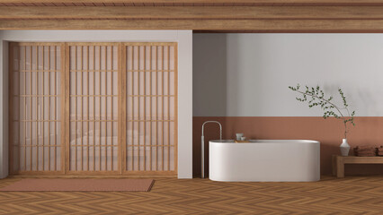 Minimal japandi bathroom in wooden and orange tones. Paper sliding door. Freestanding bathtub, carpet, mosaic tiles and herringbone parquet. Modern interior design