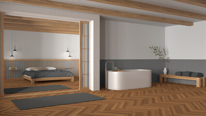 Japandi bathroom and bedroom in wooden and gray tones. Freestanding bathtub, master bed with duvet and herringbone parquet floor. Minimal interior design