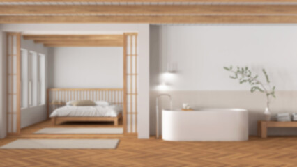 Fototapeta na wymiar Blurred background, japandi bathroom and bedroom. Freestanding bathtub, master bed with duvet and herringbone parquet floor. Minimal interior design