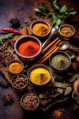 Various aromatic colorful spices and herbs. Ingredients for cooking..Ayurveda treatments. - obrazy, fototapety, plakaty