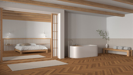 Japandi bathroom and bedroom in wooden and white tones. Freestanding bathtub, master bed with duvet and herringbone parquet floor. Minimal interior design