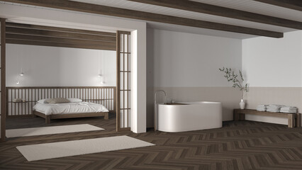 Japandi bathroom and bedroom in dark wooden and white tones. Freestanding bathtub, master bed with duvet and herringbone parquet floor. Minimal interior design