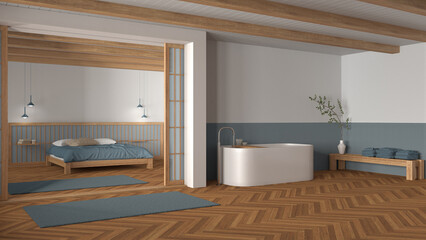 Japandi bathroom and bedroom in wooden and blue tones. Freestanding bathtub, master bed with duvet and herringbone parquet floor. Minimal interior design