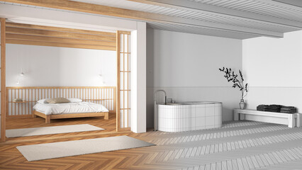 Architect interior designer concept: hand-drawn draft unfinished project that becomes real, japandi bathroom and bedroom. Bathtub, master bed and parquet. Minimal style