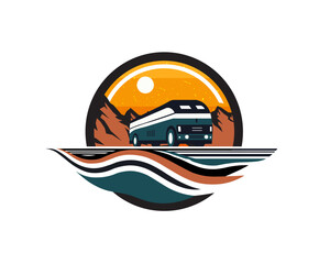 bus logo with mountains and sun, transportation agency logo, vector eps file