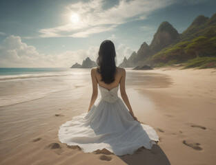 Fototapeta na wymiar Generative AI - Bride sitting alone on beach