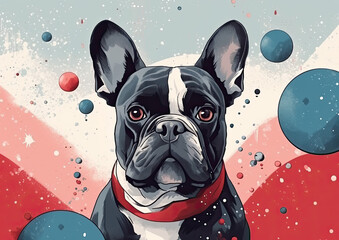 Modern minimalist collage art. Sketch christmas dog wearing santa hat in creative space with christmas sparklers, balls, tree, confetti.