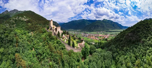 Poster Medieval castles of northern Italy, Trentino Alto Adige region. Aerial panoramic view of Castello di Avio and village surrounded by Alps mountains © Freesurf