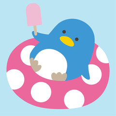 浮き輪に乗ってアイスを食べる夏のペンギンのイラスト