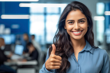 Close up of a woman at work smiling with a thumb up.  - obrazy, fototapety, plakaty