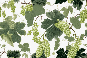 repeat pattern tilable background of grapes, seamless grape fruit background with grape blossom and leaf foliage - obrazy, fototapety, plakaty