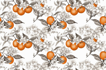 Fototapeta na wymiar repeat pattern tilable background of oranges, seamless orange fruit background with orange flower blossom and leaf foliage
