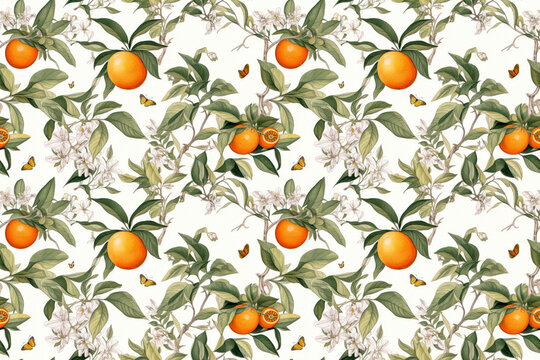 repeat pattern tilable background of oranges, seamless orange fruit background with orange flower blossom and leaf foliage