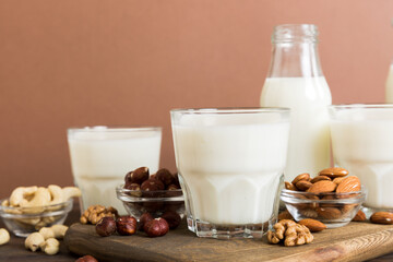 Set or collection of various vegan milk almond, cashew, on table background. Vegan plant based milk and ingredients, top view