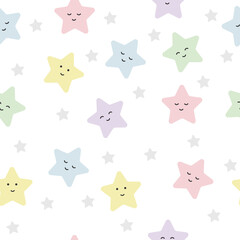 Cheerful colored cute stars with emotions, children's seamless pattern in soft pastel colors. 